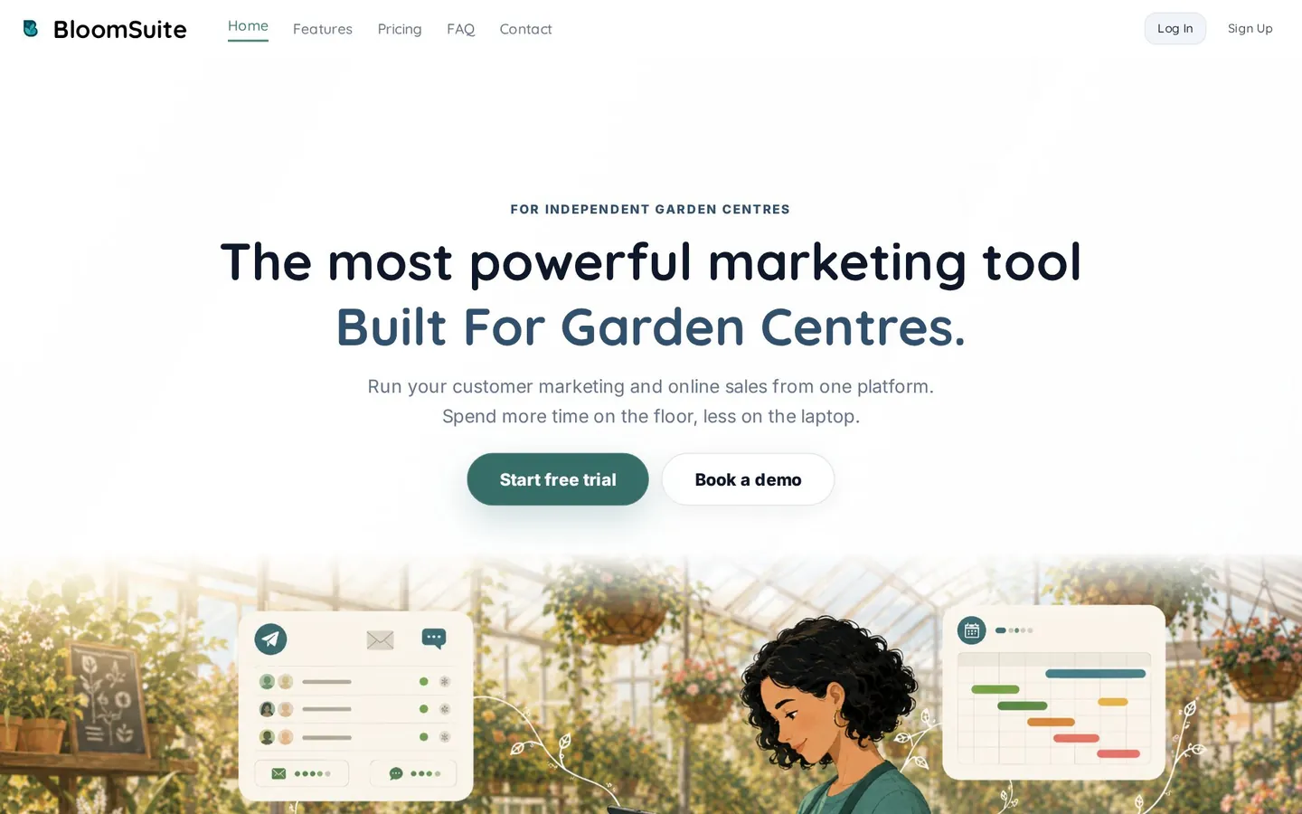 The BloomSuite website, a marketing platform for garden centres and florists.